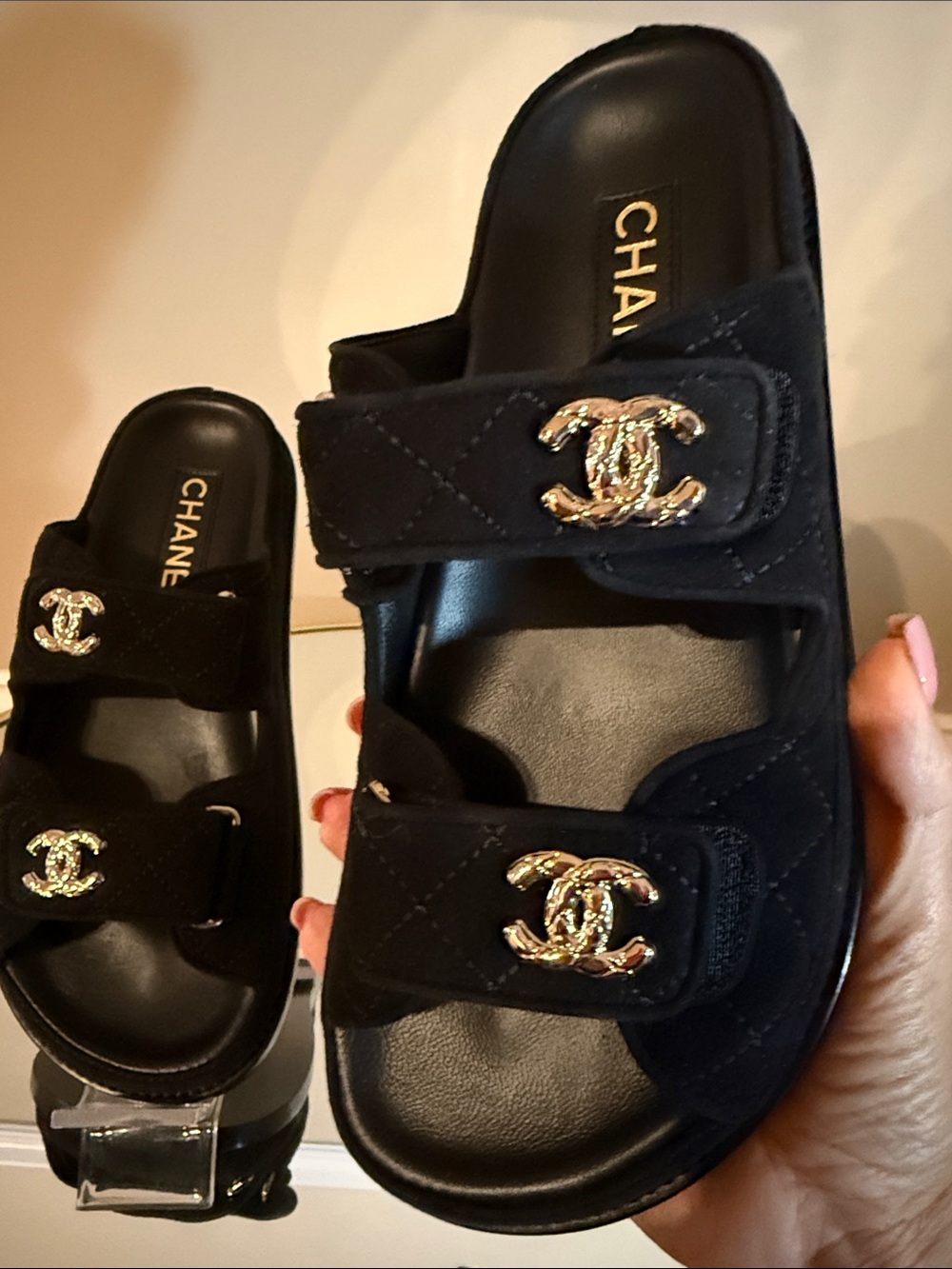 CHANEL 26C DAD SANDALS SLIDES Suede quilted  leather SIZE 36.5